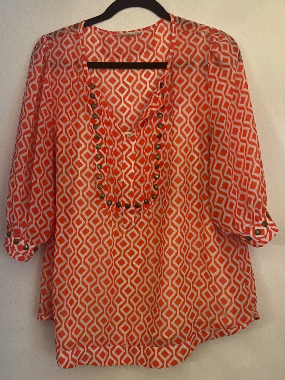 Geometric Print Peasant Blouse - Coral/White